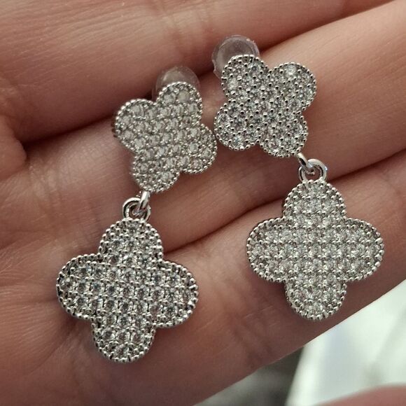 Diamond Silver Double Clover Necklace + Earrings Set - Picture 7 of 9